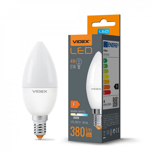 Spuldze LED E14 4W, 380Lm 3000K, stars<220* (C37-svečveida) VIDEX VLE-C37e-04143 (silti balta gaisma)