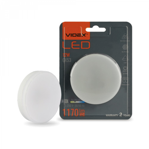 Spuldze LED GX53 patrona, 12W, 1170Lm 3000K, stars<140* VIDEX VLE-GX53-12533 (silti balta gaisma)
