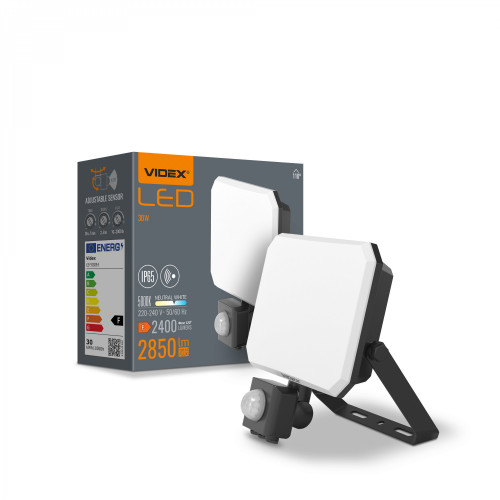 Prožektors ar sensoru LED 30W, 2400Lm 5000K, VLE-F3-0305B-S (sensors 2-12m, 10sec-7min, 10-2000lx, <120*), VIDEX F3-PIR (neitrāli balta gaisma)