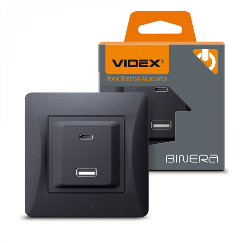 Kontaktligzdas z/a ātrās uzlādes 20W (USB-A + USB-C), Videx Binera, melna grafīta, IP20 VF-BNCHRUC20-BG