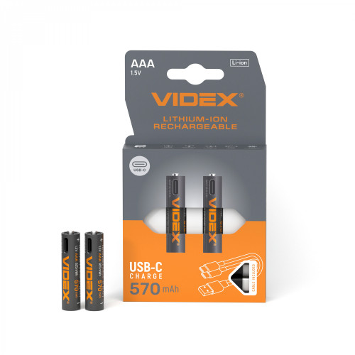 Lithium-ion battery VIDEX LIR03C/AAA 1.5V 570mAh with USB-C port and protection 2pcs/pack
