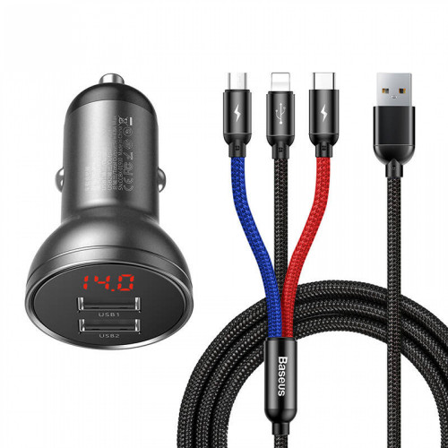 Baseus 12V auto lādētājs ar displeju, ar 2xUSB-A portiem (4,8A) 24W, ar uzlādes kabeli 3in1 (microUSB/Type-C/Lightning) 1,2m, melns