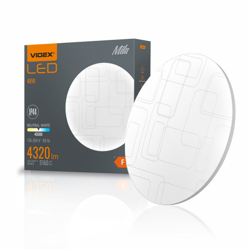 Iekštelpu gaismeklis LED 48W, 4320Lm 4000K, VIDEX VLE-CLR-484R MILA IP44 mitrām telpām (neitrāli balta gaisma), balta