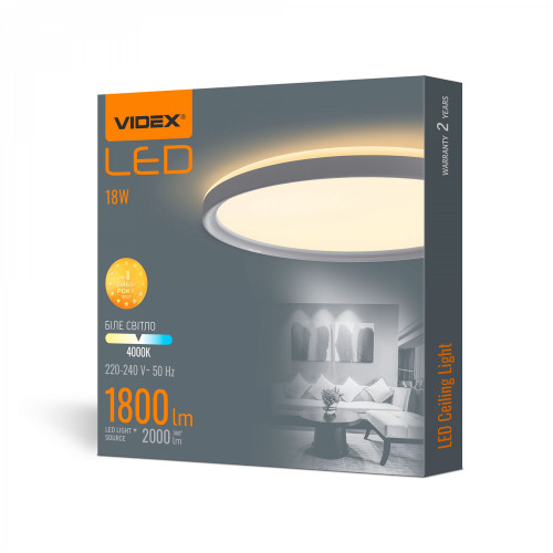 Iekštelpu gaismeklis LED 18W, 1800Lm 4000K, VIDEX VL-DL3R-184W IP20 (neitrāli balta gaisma), balta
